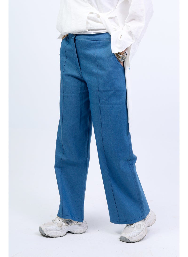 women's wide leg jeans pants- blue - Image 1